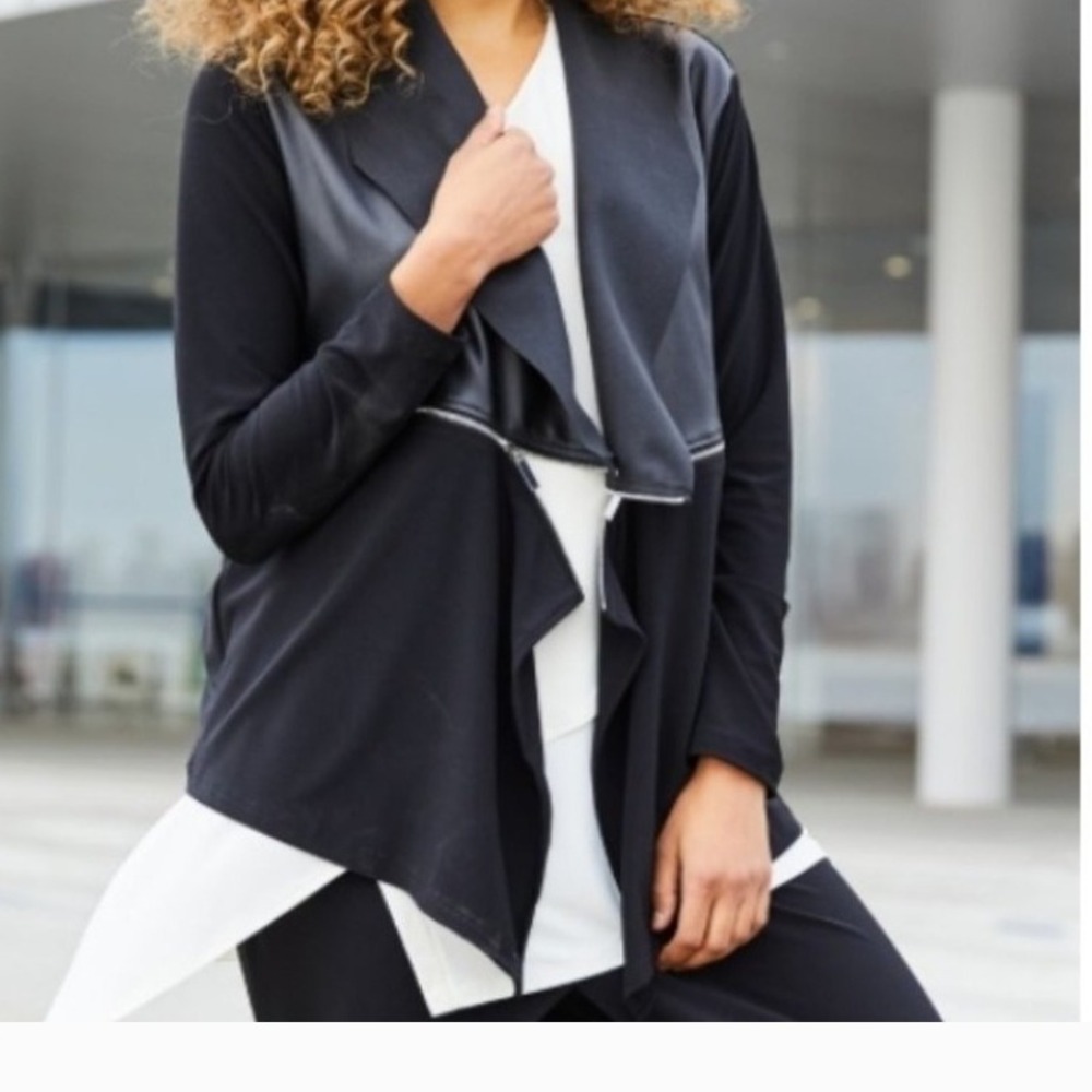 Sympli Black Vegan Leather Trim Draped Open Front Zipper Detail Cardigan Sz 14